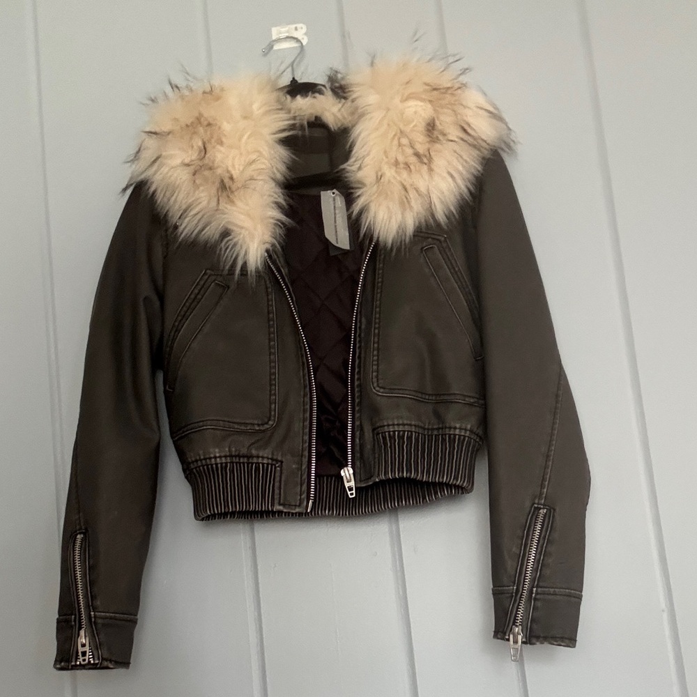 Blank NYC Olive Leather Jacket with Faux Fur Collar